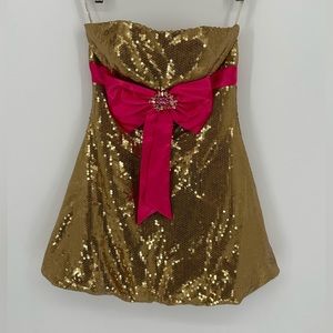 Princess Collection Dress Sz 6 Gold Sequin Strapless Pink Beaded Bow T1
